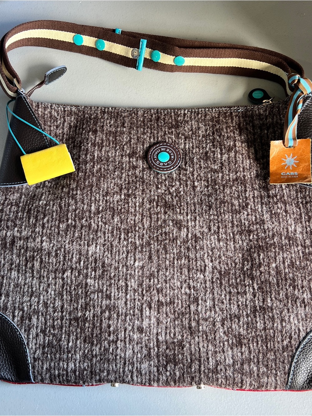 GABS Brown Heathered Wool-Blend & Leather Tote with Turquoise Accents